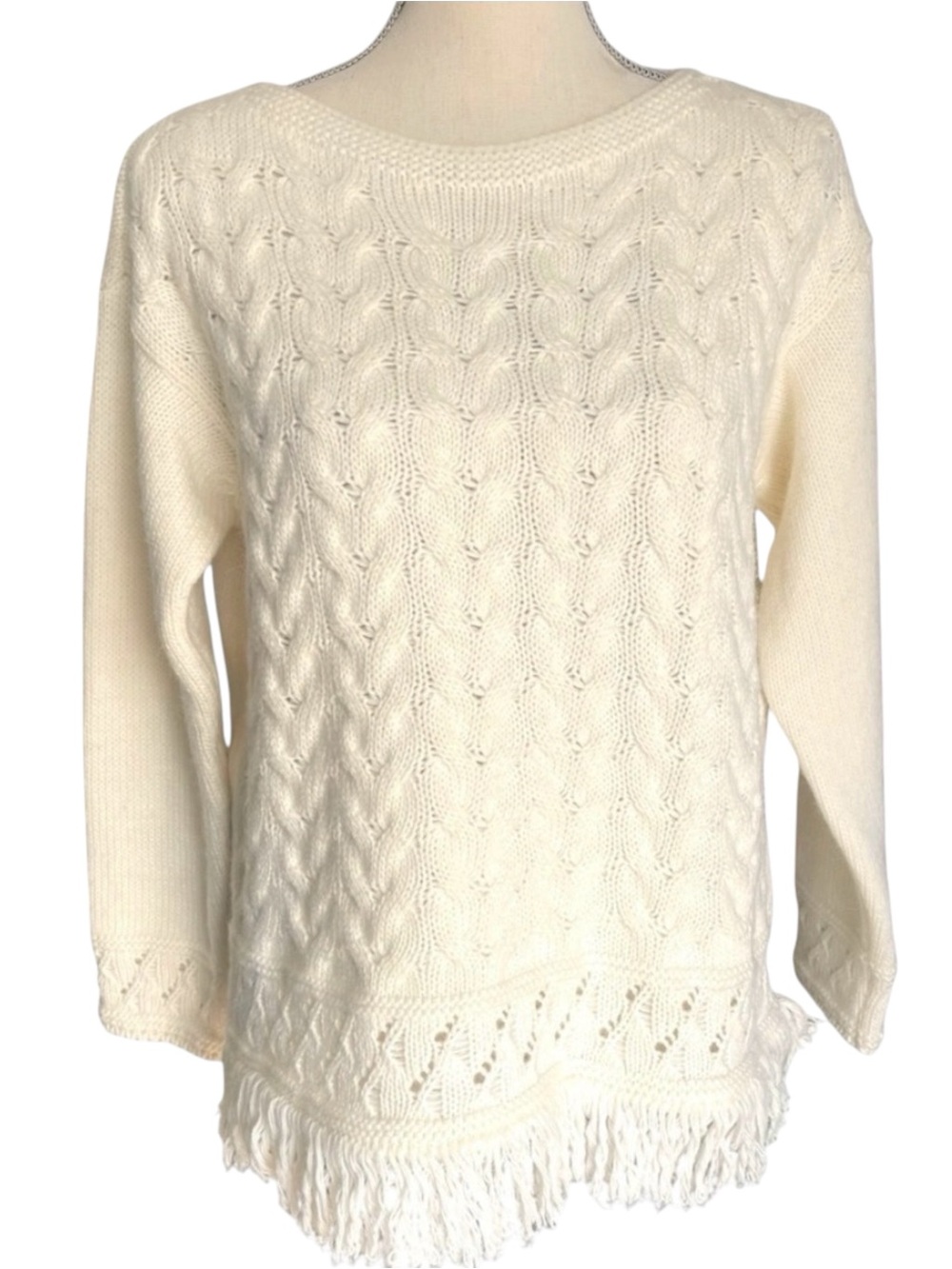 Anthro Elsamanda Italian Wool/Alpaca Blend Cream Cable Knit Fringe Sweater (L)